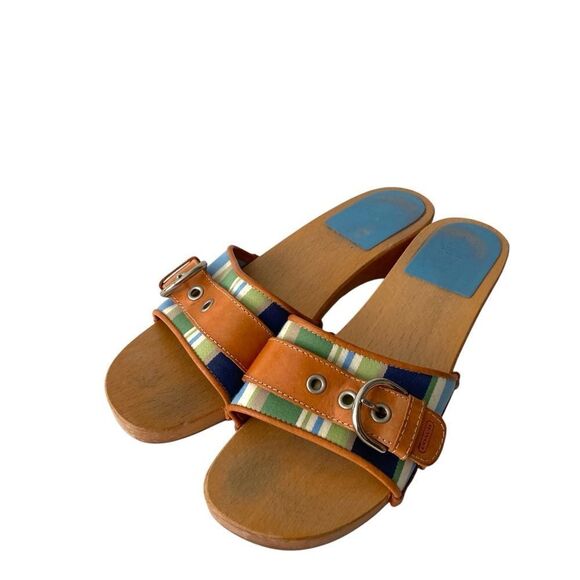 Vintage Coach Striped Canvas Vachetta Sandal Mid Heel in Size 8 - Picture 15 of 16